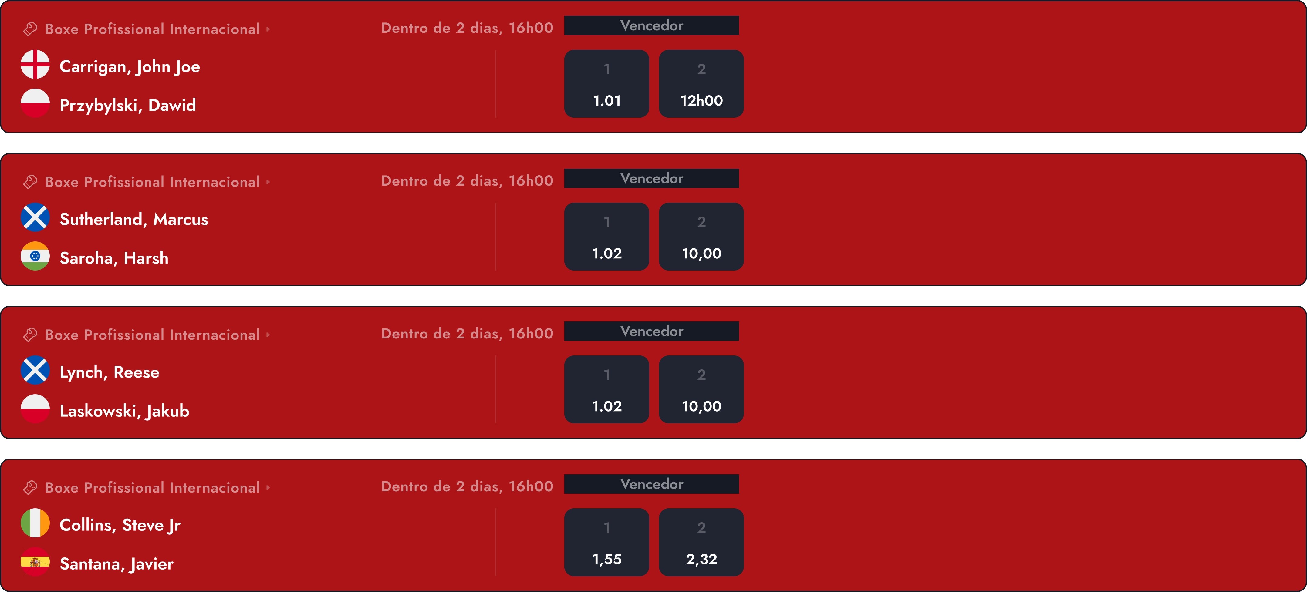 Calendário de combates de boxe que apresenta os próximos combates profissionais internacionais, com os nomes dos pugilistas, bandeiras e cotações. Design com tema em vermelho e preto.