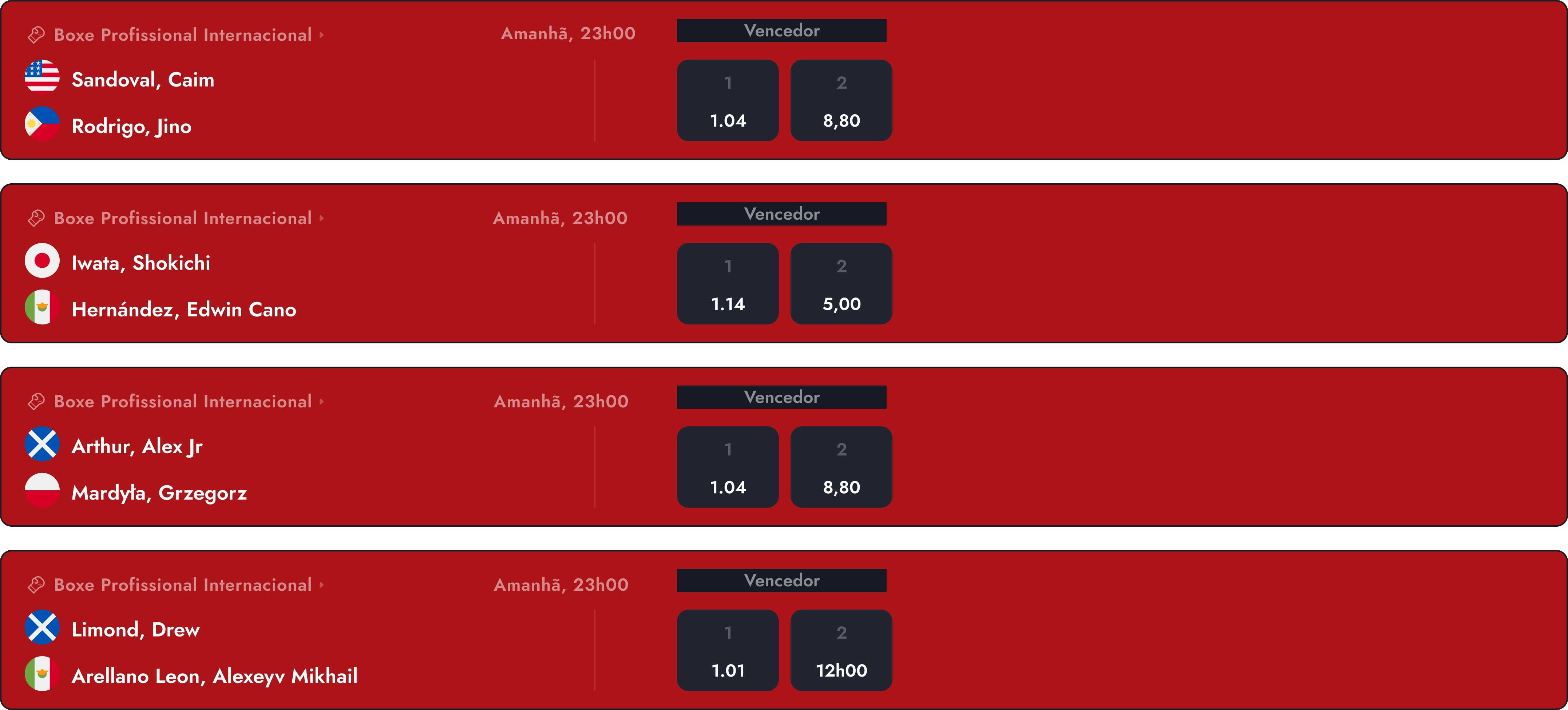 Fundo vermelho que mostra quatro combates de boxe profissional com nomes, bandeiras, horários dos combates e cotações de apostas. As cotações são apresentadas de forma destacada.
